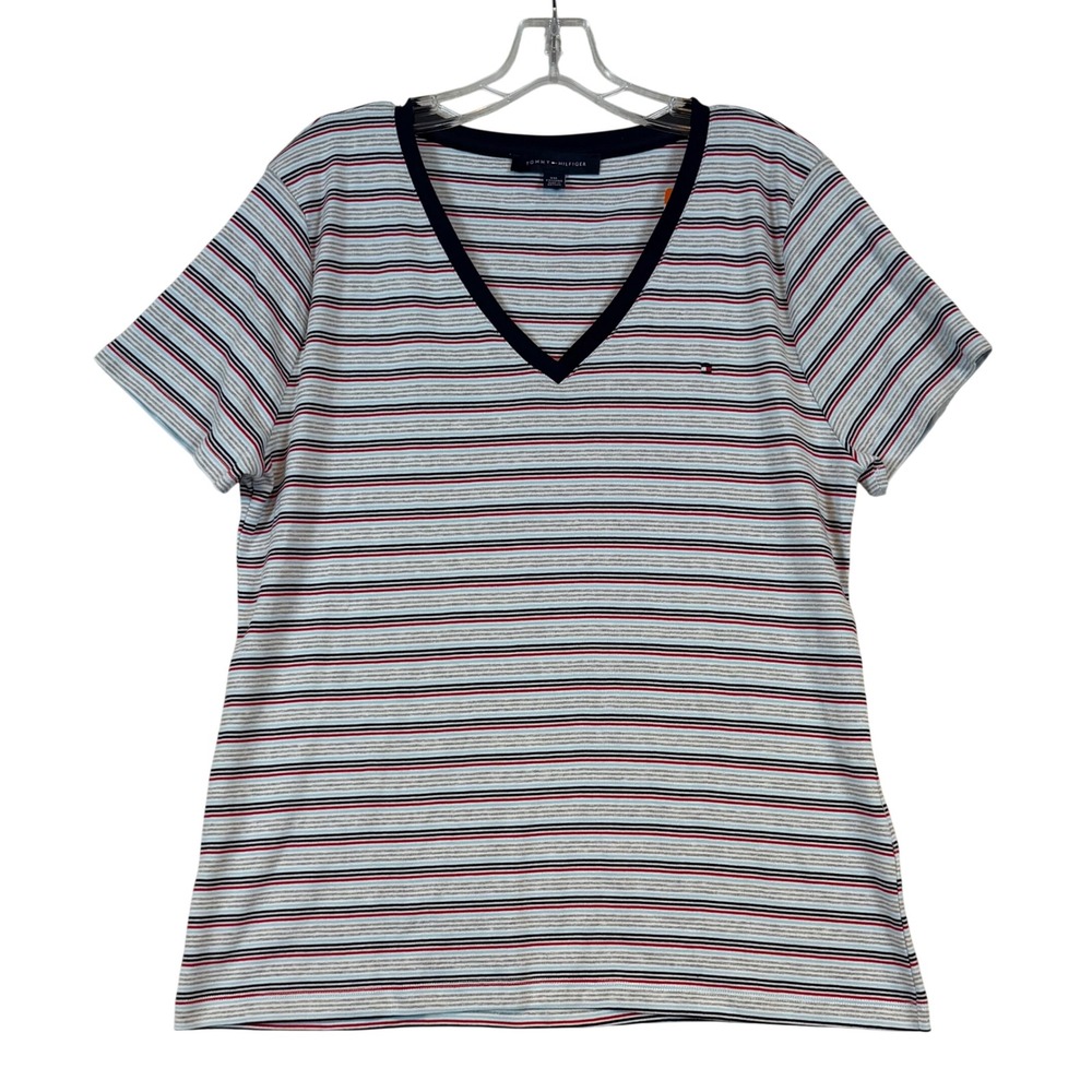 Tommy Hilfiger Womens XXL V-Neck Striped Cotton T-Shirt White Red Navy Nautical